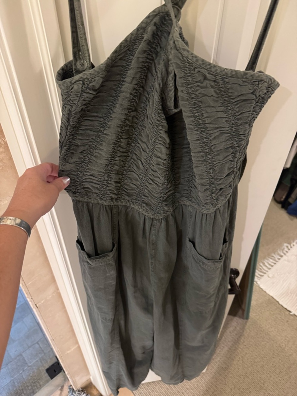 Free People Olive Green Textured Romper with Front Pockets 100 cotton